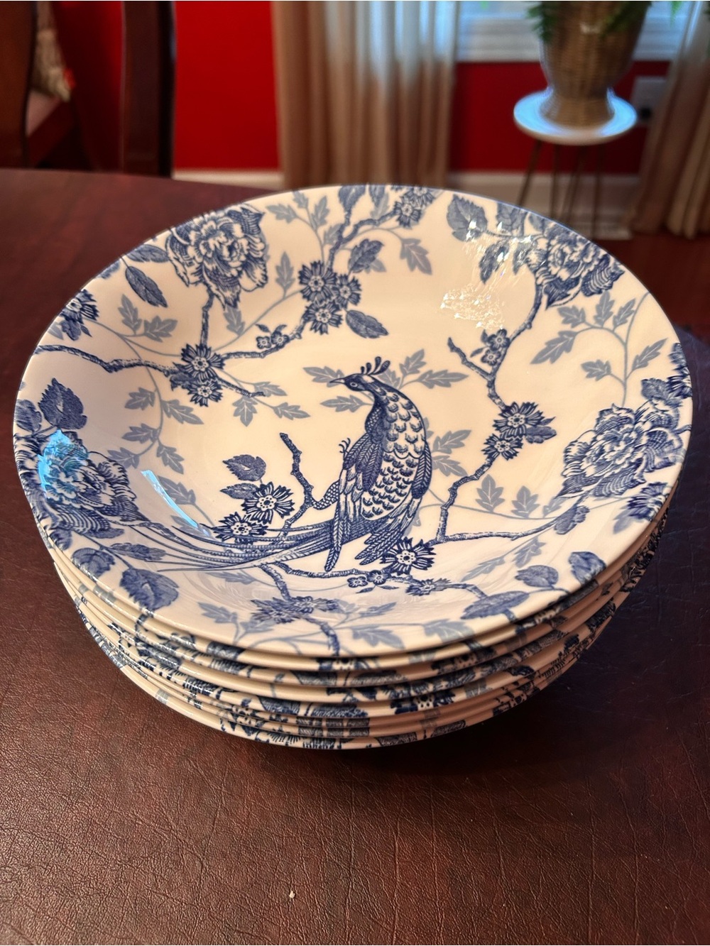 Royal Wessex 8 Blue & White Peacock Floral Soup Bowls